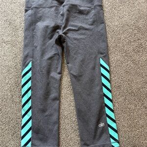 ALO Yoga Charcoal Leggings with Teal Striped Side Panels